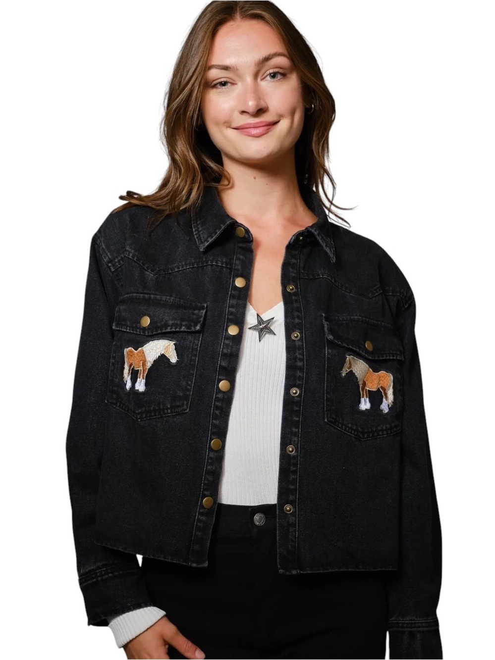 NEW Blue b Washed Denim Western Embroidered Horse Patches Equestrian Jean Jacket
